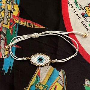 Beaded Evil Eye Bracelet in White, Blue & Gold